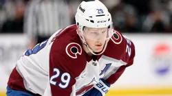 Nathan MacKinnon #29 of the Colorado Avalanche looks on during the first period against the Seattle Kraken