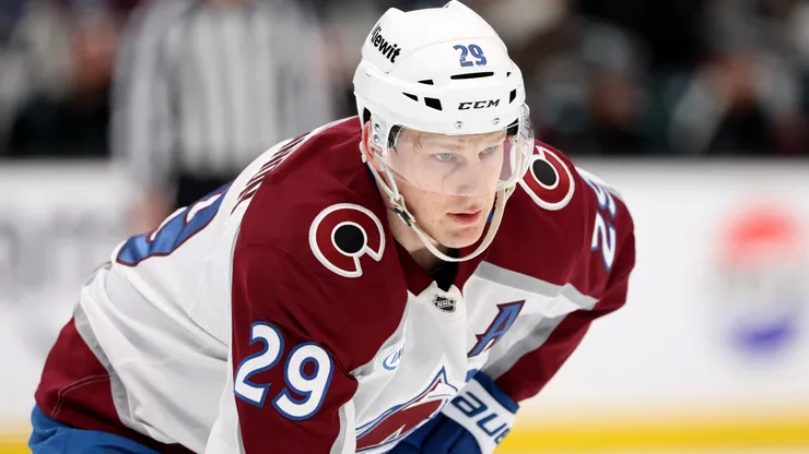 Nathan MacKinnon #29 of the Colorado Avalanche looks on during the first period against the Seattle Kraken