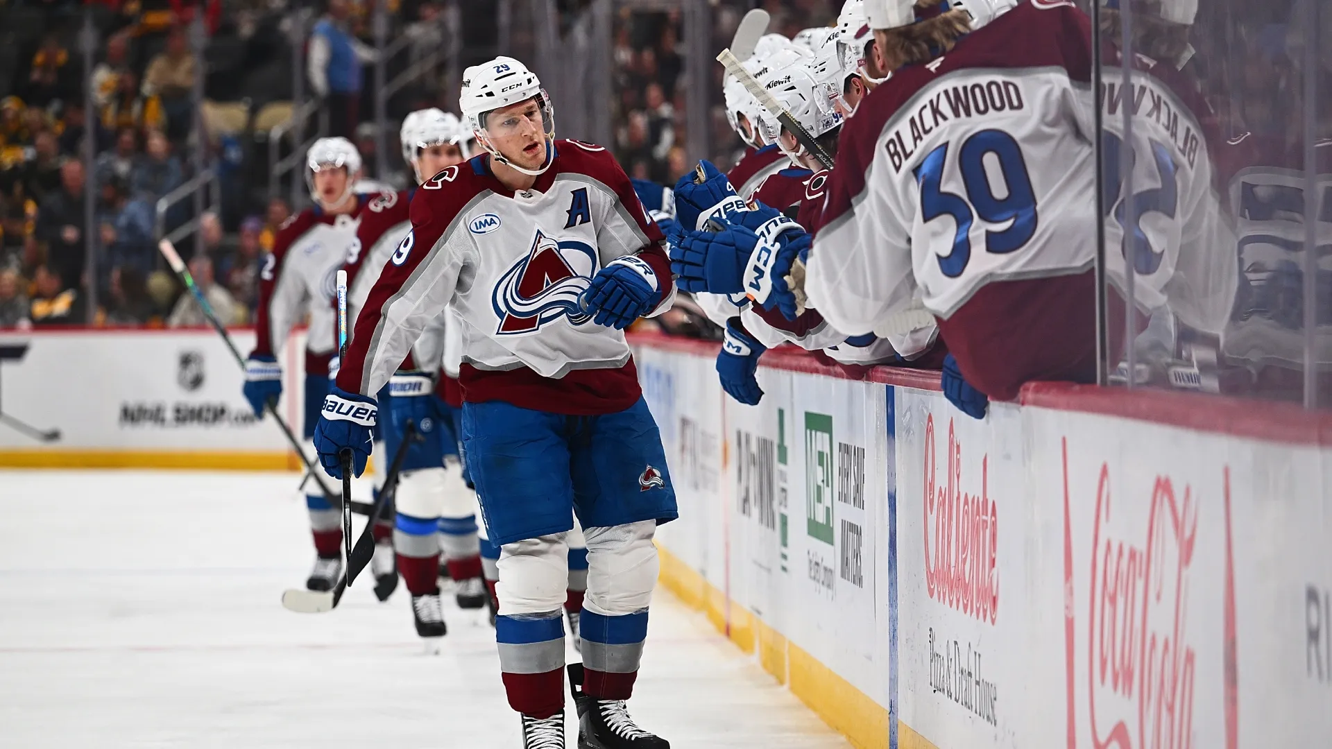 Nathan MacKinnon #29 of the Colorado Avalanche celebrates with teammates (Source: Justin Berl/Getty Images)