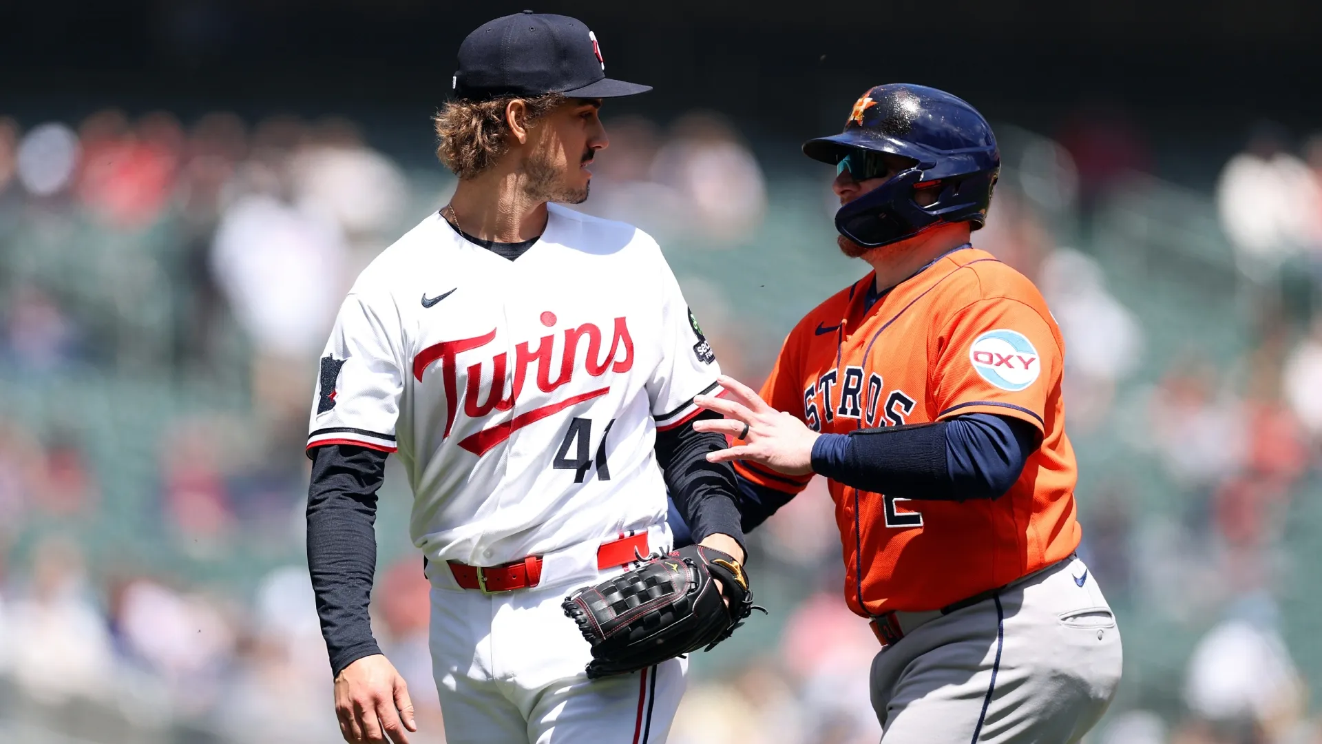 Joe Ryan #41 of the Twins and Christian Vazquez #2 of the Astros. David Berding/Getty Images