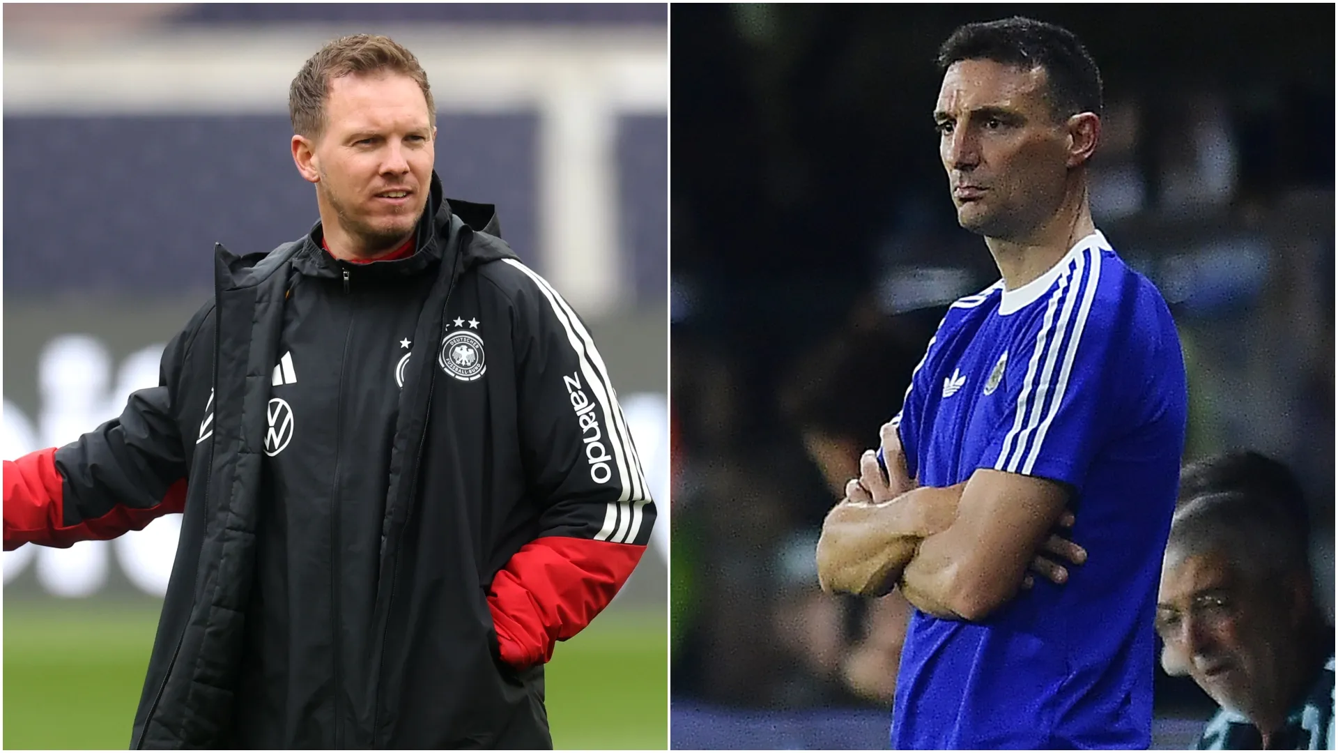 Julian Nagelsmann and Lionel Scaloni in 2026 (Source: Alexander Hassenstein/ Marcelo Endelli — Getty Images)