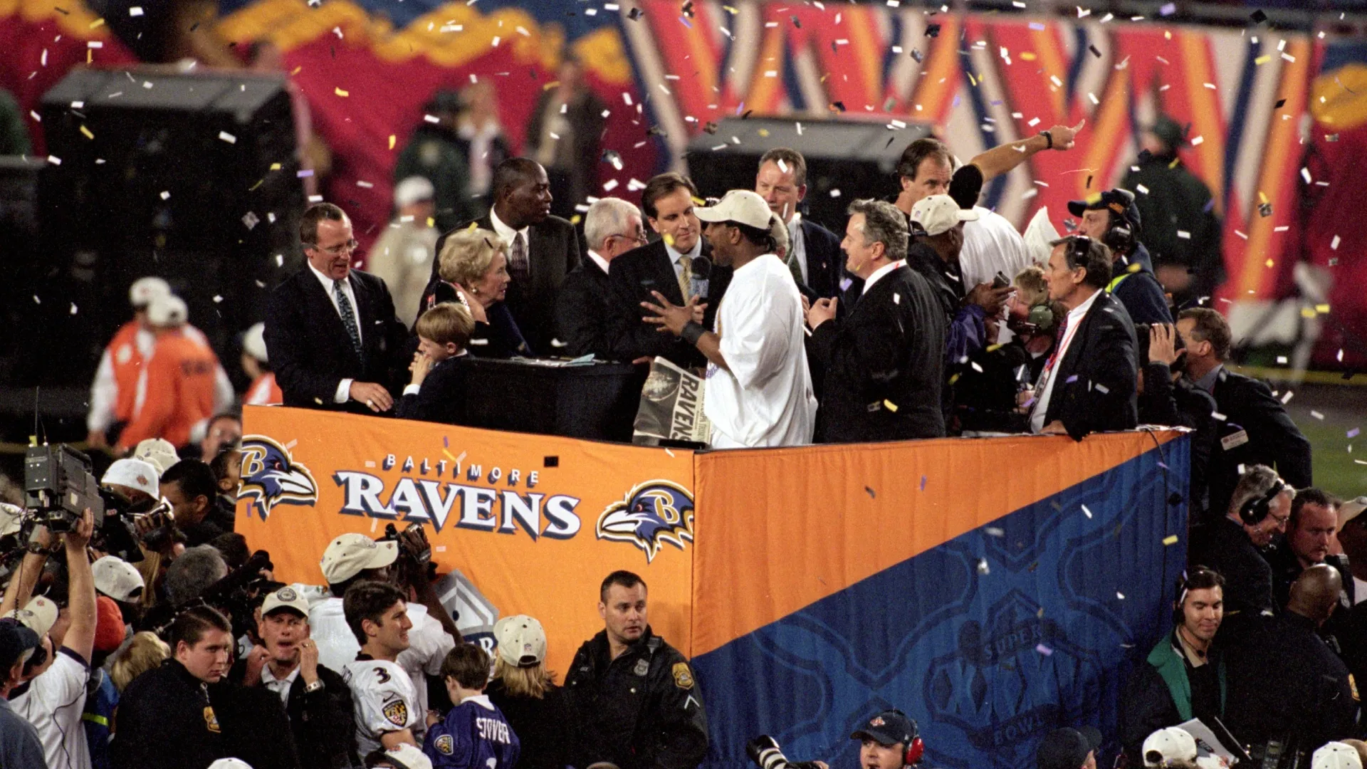 The Ravens celebrating their Super Bowl XXXV victory.