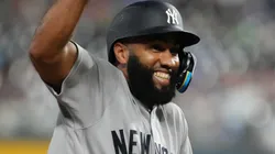 Amed Rosario #14 of the New York Yankees celebrates a two-run home run.