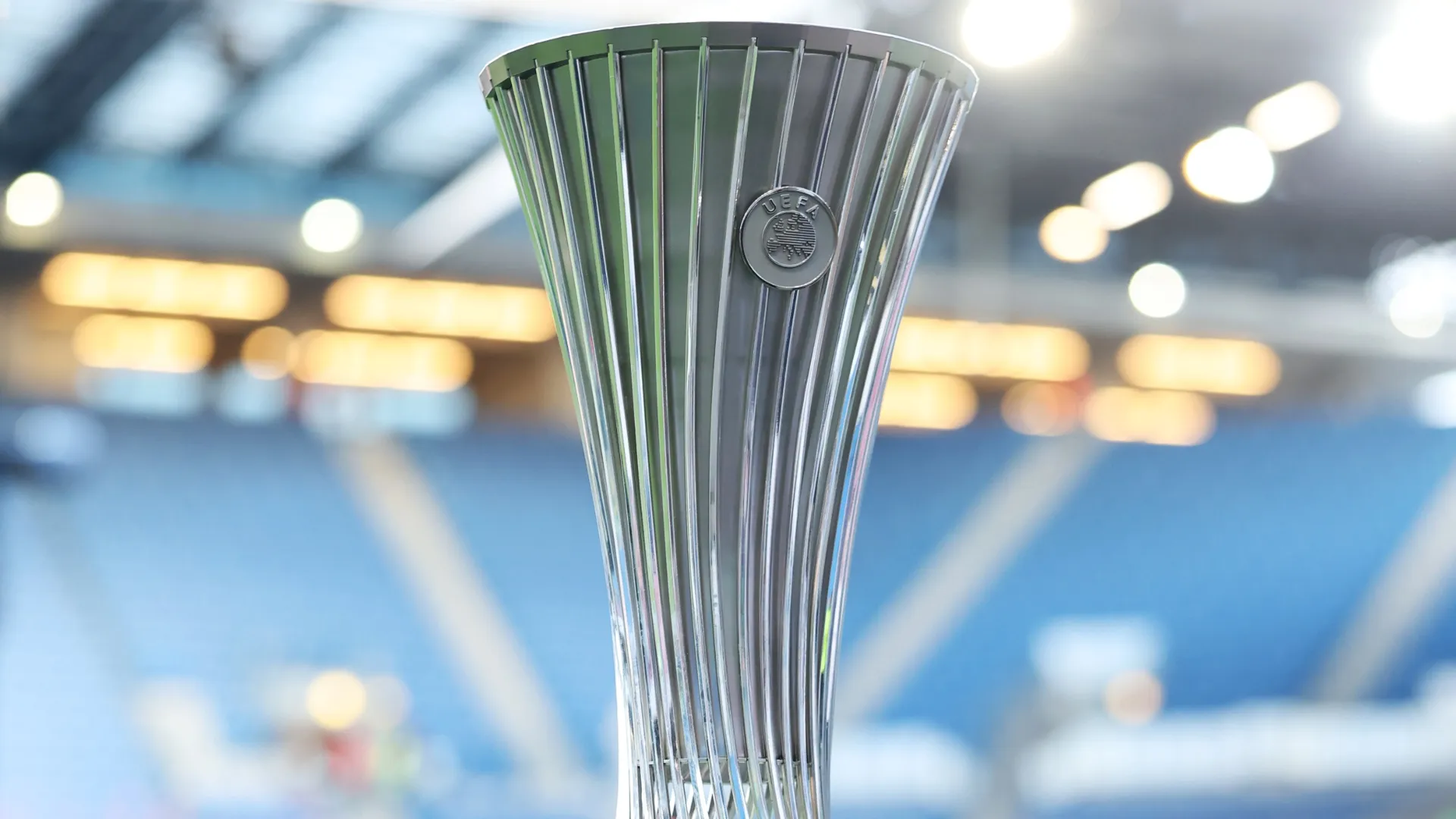 A detailed view of the UEFA Conference League trophy is seen prior to the 2026 UEFA Europa Conference League match (Source: Claudio Villa/Getty Images)