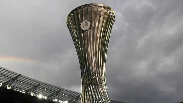 The UEFA Conference League trophy ahead of the UEFA Conference League Final 2025