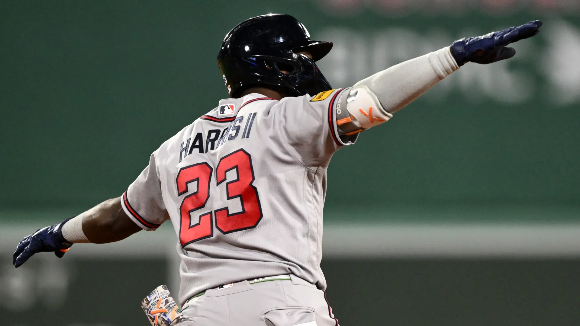 Michael Harris II #23 of the Braves reacts afgter hitting a two-run home run vs Red Sox. Brian Fluharty/Getty Images