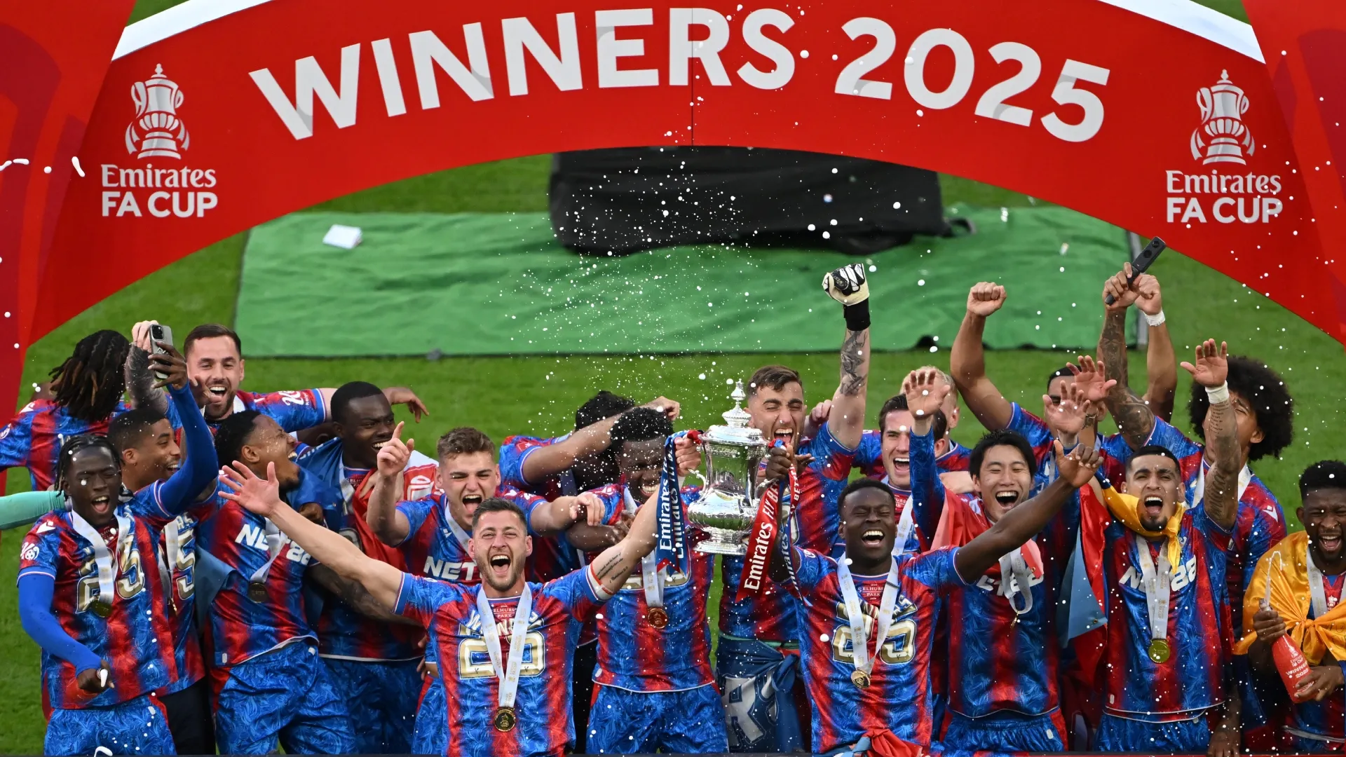 Marc Guehi and Joel Ward of Crystal Palace lift the FA Cup trophy (Source: Dan Mullan/Getty Images)