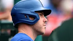 Freddie Freeman #5 of the Los Angeles Dodgers looks on.