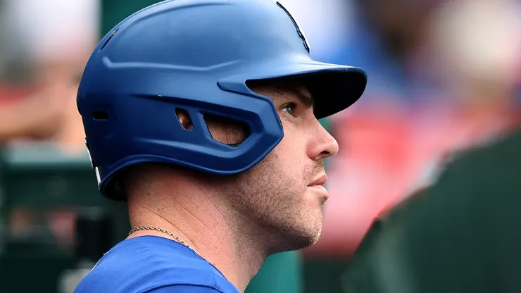 Freddie Freeman #5 of the Los Angeles Dodgers looks on.