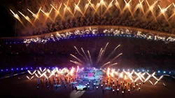 Pyrotechnics go off inside the stadium during the UEFA Champions League 2022/23 final match