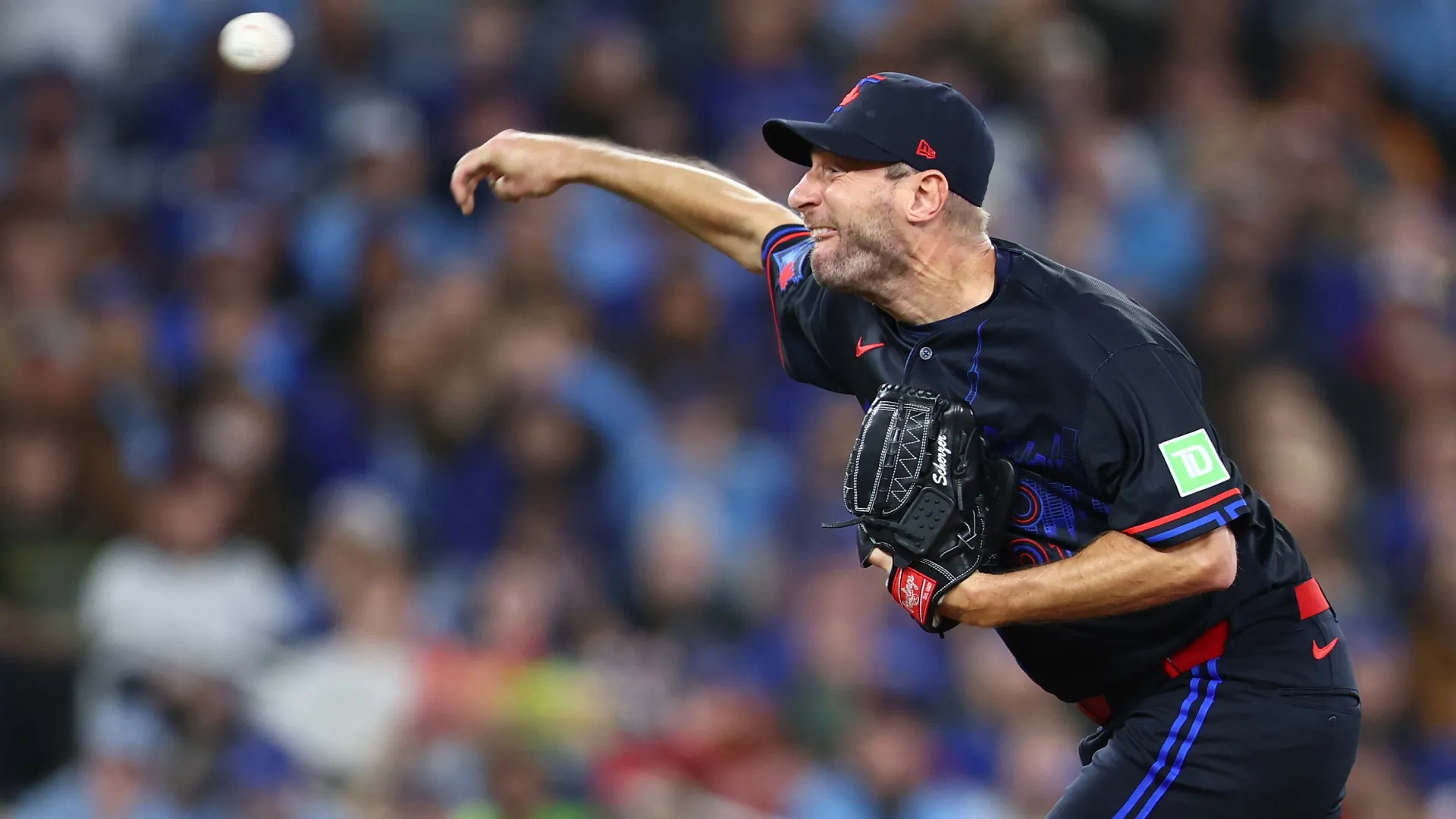 Max Scherzer #31 of the Blue Jays pitches in the first inning vs Guardians. Vaughn Ridley/Getty Images