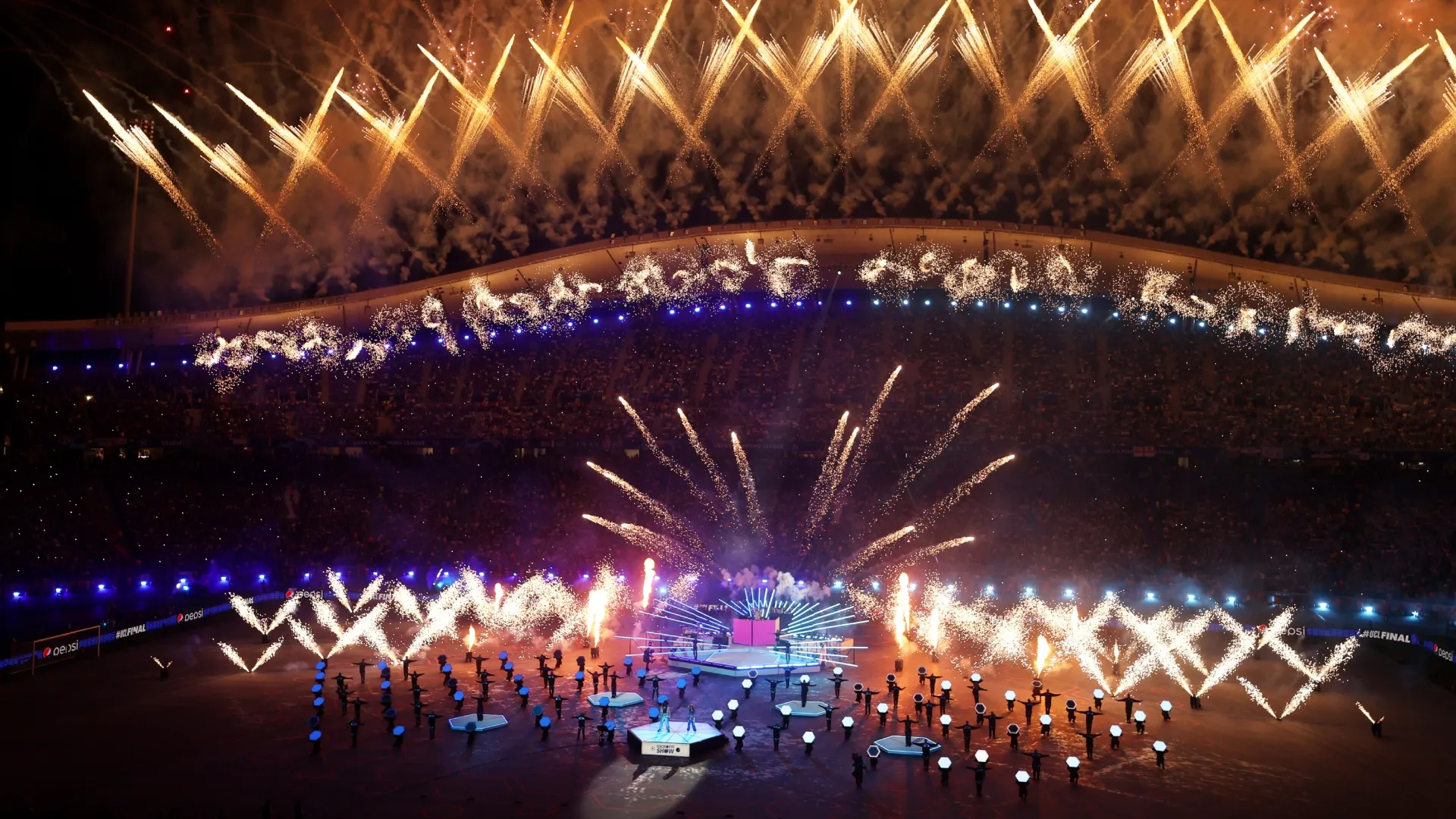 Pyrotechnics go off as Alesso performs prior to the UEFA Champions League 2022/23 final match (Source: Lars Baron/Getty Images)