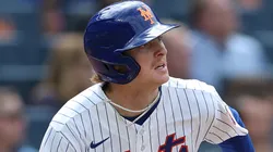 Carson Benge #3 of the Mets bats against Reds.