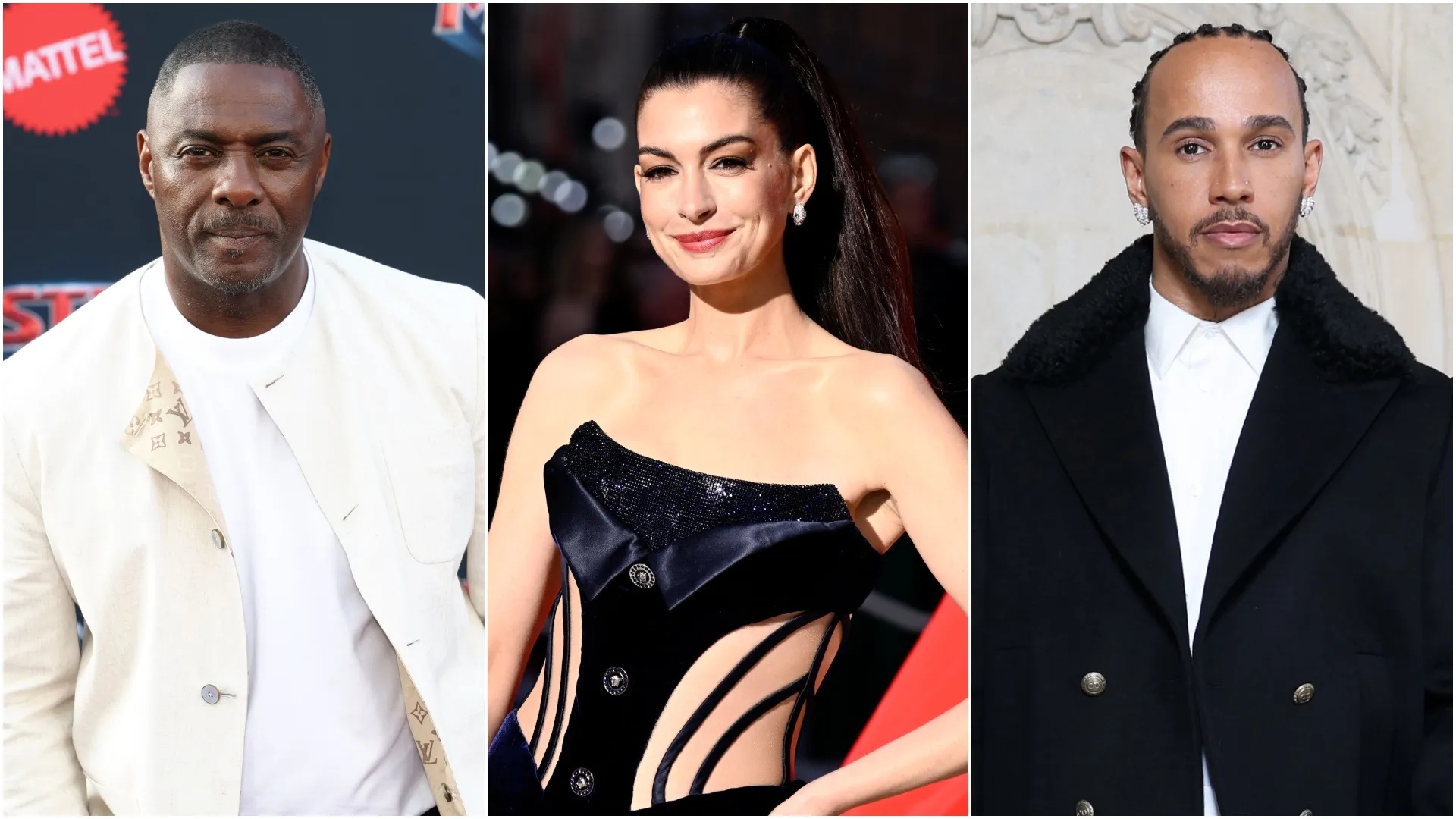 Idris Elba, Anne Hathaway and Lewis Hamilton (Source: Frazer Harrison/Gareth Cattermole/Arnold Jerocki — Getty Images)