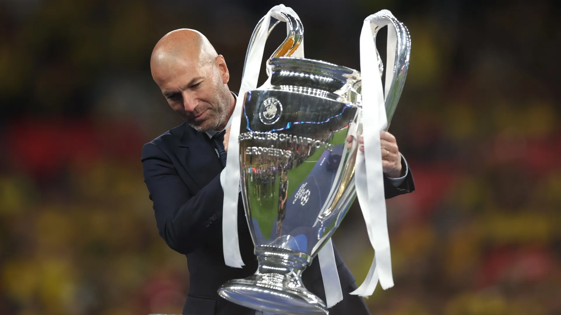 Zinedine Zidane places the Champions League Trophy during the UEFA Champions League 2023/24 Final match (Source: Lars Baron/Getty Images)