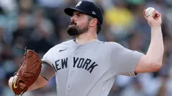 Carlos Rodon #55 of the Yankees pitches against the Athletics.