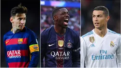Lionel Messi, Ousmane Dembele, and Cristiano Ronaldo
