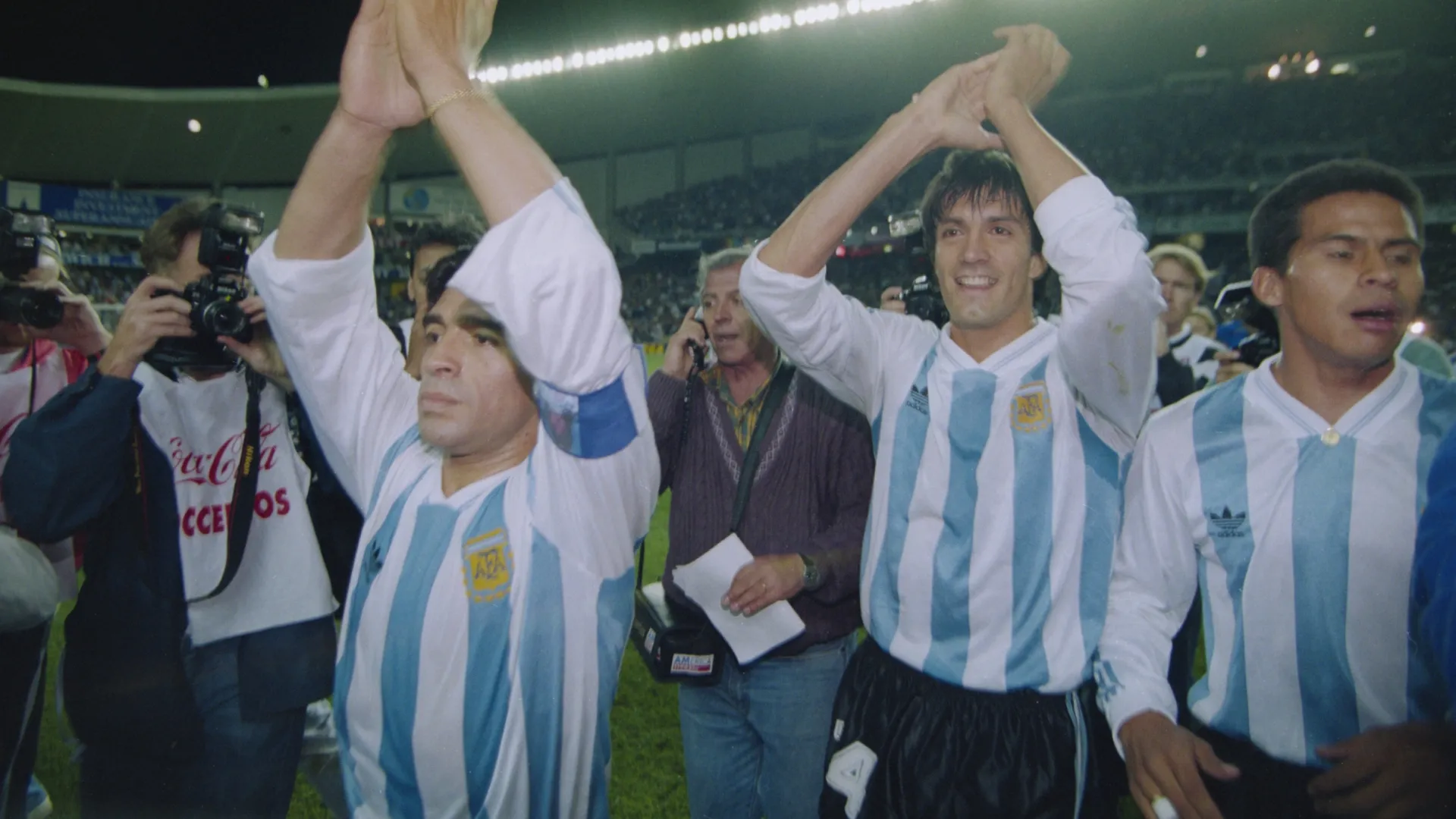 Diego Maradona celebrates qualification after the FIFA World Cup Finals 1994 Qualifying Play-Off Second Leg Match (Source: Pascal Rondeau/Getty Images)