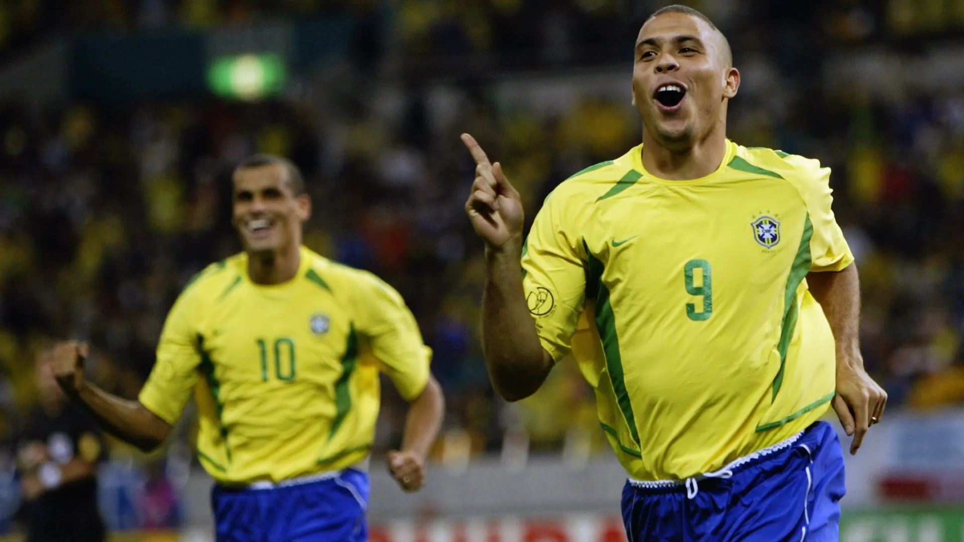 Ronaldo of Brazil celebrates scoring the winning goal during the FIFA World Cup Finals 2002 Semi-Final match (Source: Alex Livesey/Getty Images)