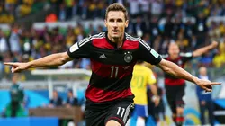 Miroslav Klose of Germany celebrates scoring his team's second goal during the 2014 FIFA World Cup Brazil Semi Final match