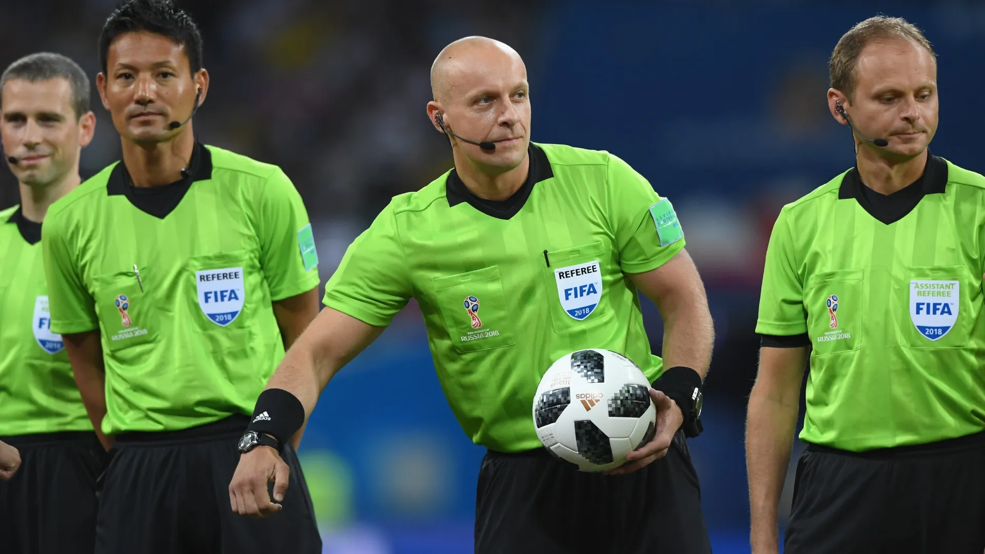Szymon Marciniak (with ball) and his assistants during the 2018 FIFA World Cup Russia group F match (Source: Stu Forster/Getty Images)