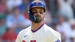 Bryce Harper #3 of the Philadelphia Phillies reacts.