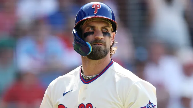 Bryce Harper #3 of the Philadelphia Phillies reacts.