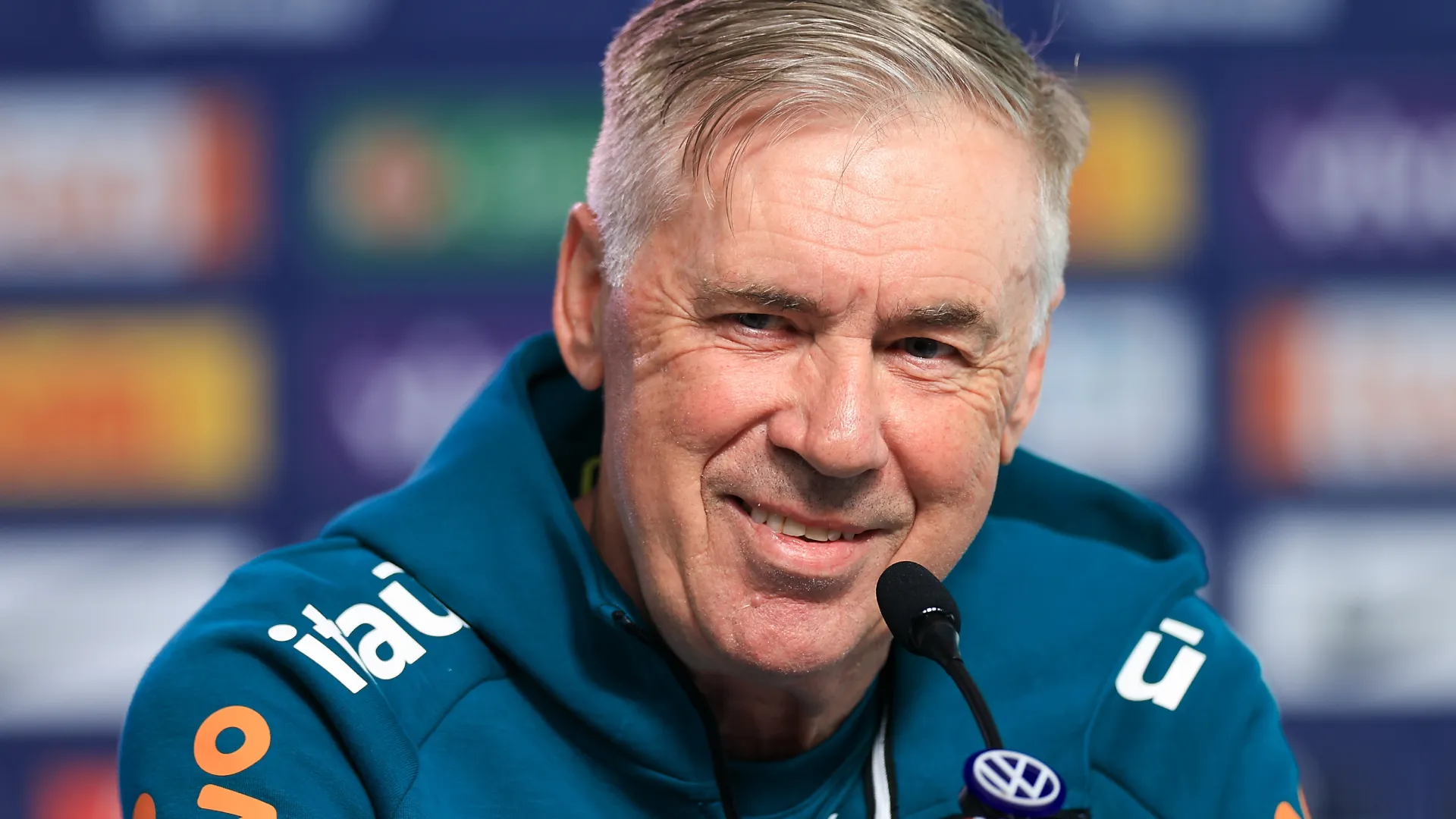 Carlo Ancelotti attends to the media during a press conference of the Brazilian national soccer team (Source: Buda Mendes/Getty Images)