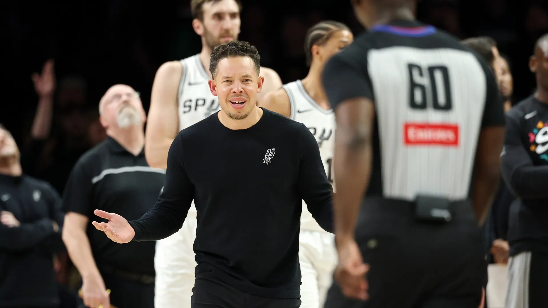 Mitch Johnson reacts in front of referee James Williams during Game Four of the Second Round of the NBA Western Conference Playoffs (Source: David Berding/Getty Images)