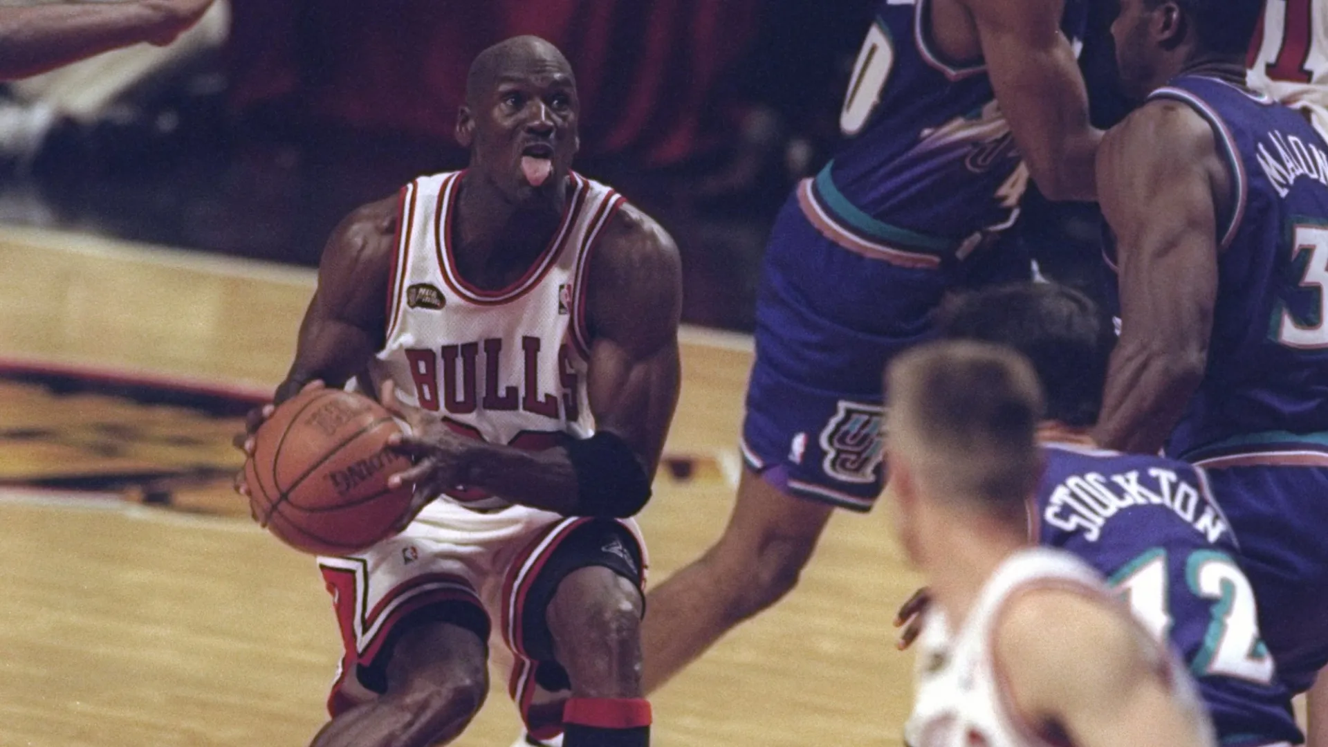 Michael Jordan in action during the NBA Finals Game 4 against the Utah Jazz in 1998 (Source: Jonathan Daniel /Allsport)