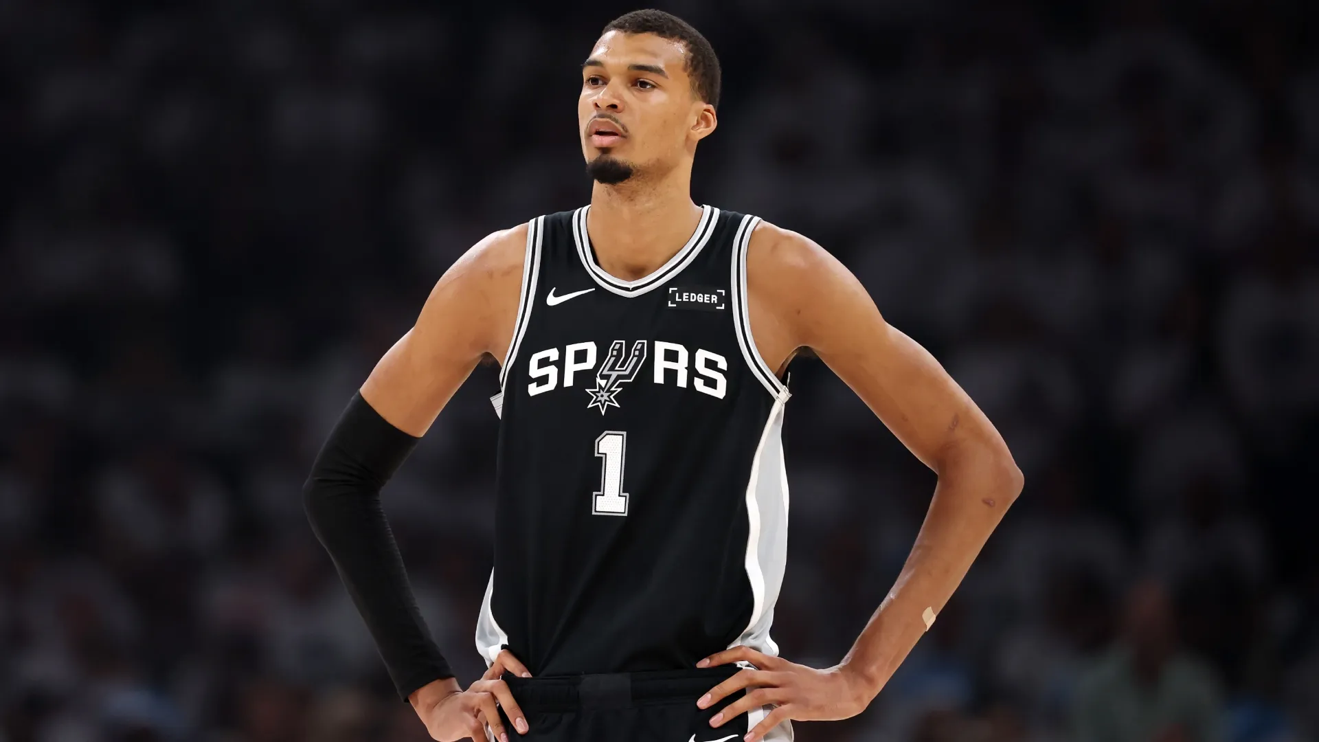 Victor Wembanyama looks on in Game Five of the NBA Western Conference Finals in 2026 (Source: Christian Petersen/Getty Images)