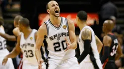 Manu Ginobili reacts after making a basket in the third quarter against the Miami Heat during Game Five of the 2013 NBA Finals