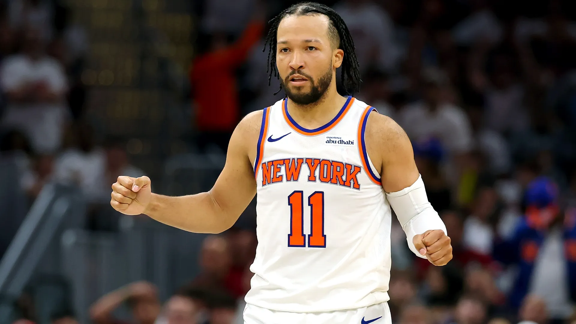 Jalen Brunson celebrates a basket against the Cavaliers in Game 3 of the NBA Eastern Conference Finals (Source: Gregory Shamus/Getty Images)