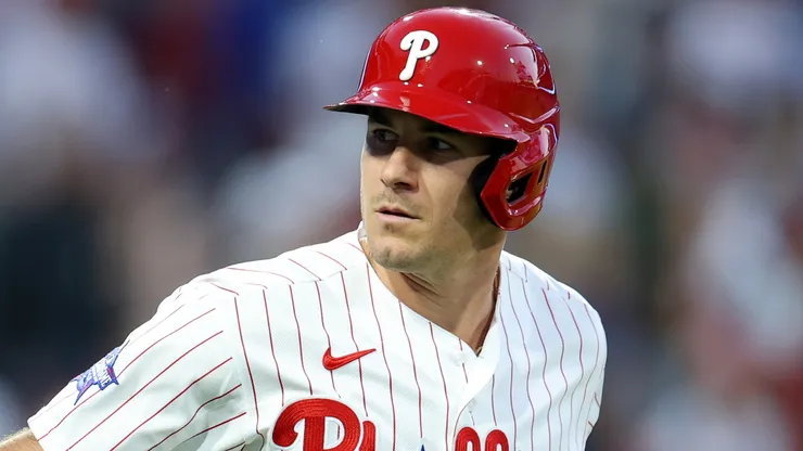 J.T. Realmuto #10 of the Philadelphia Phillies celebrates a solo home run.