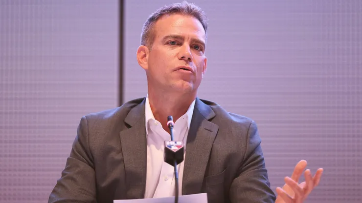 Theo Epstein, MLB consultant, speaks during a press conference.