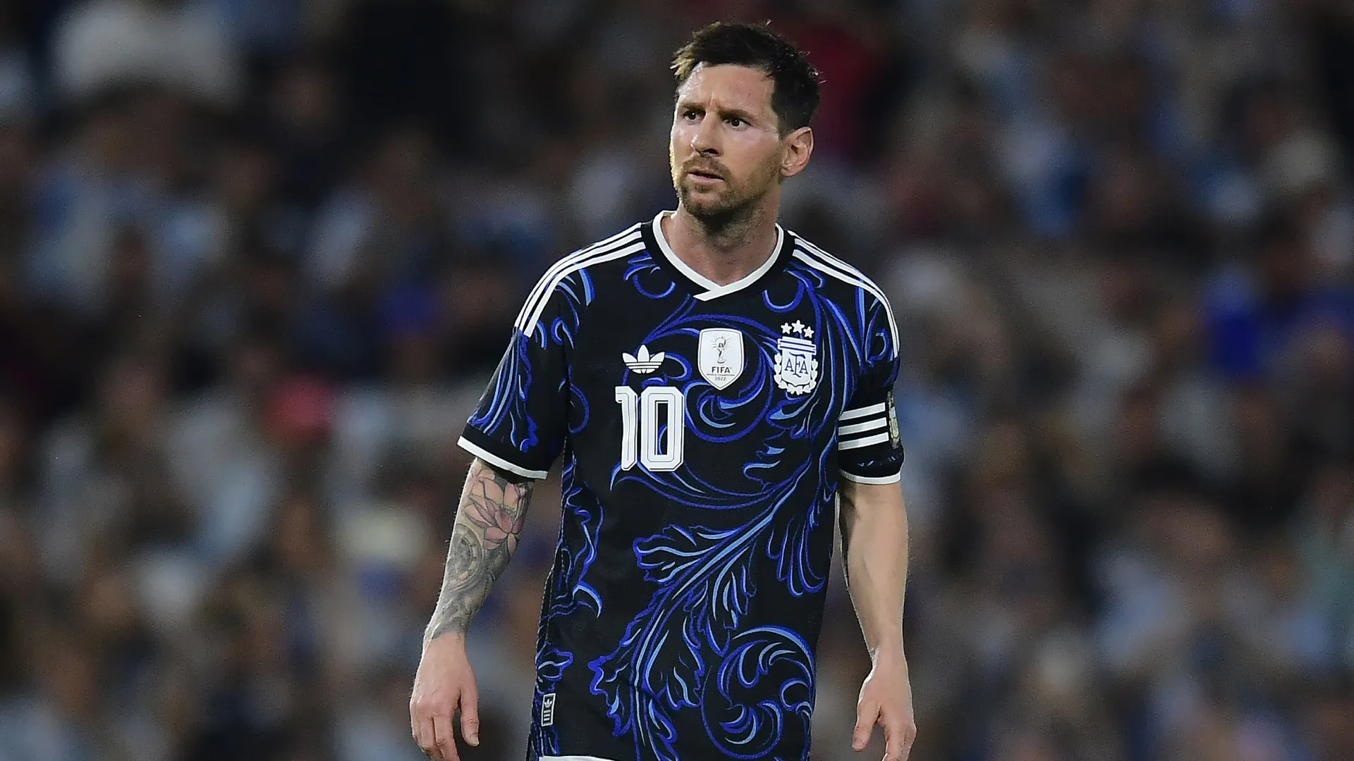 Lionel Messi reacts during the international friendly match between Argentina and Zambia (Source: Marcelo Endelli/Getty Images)