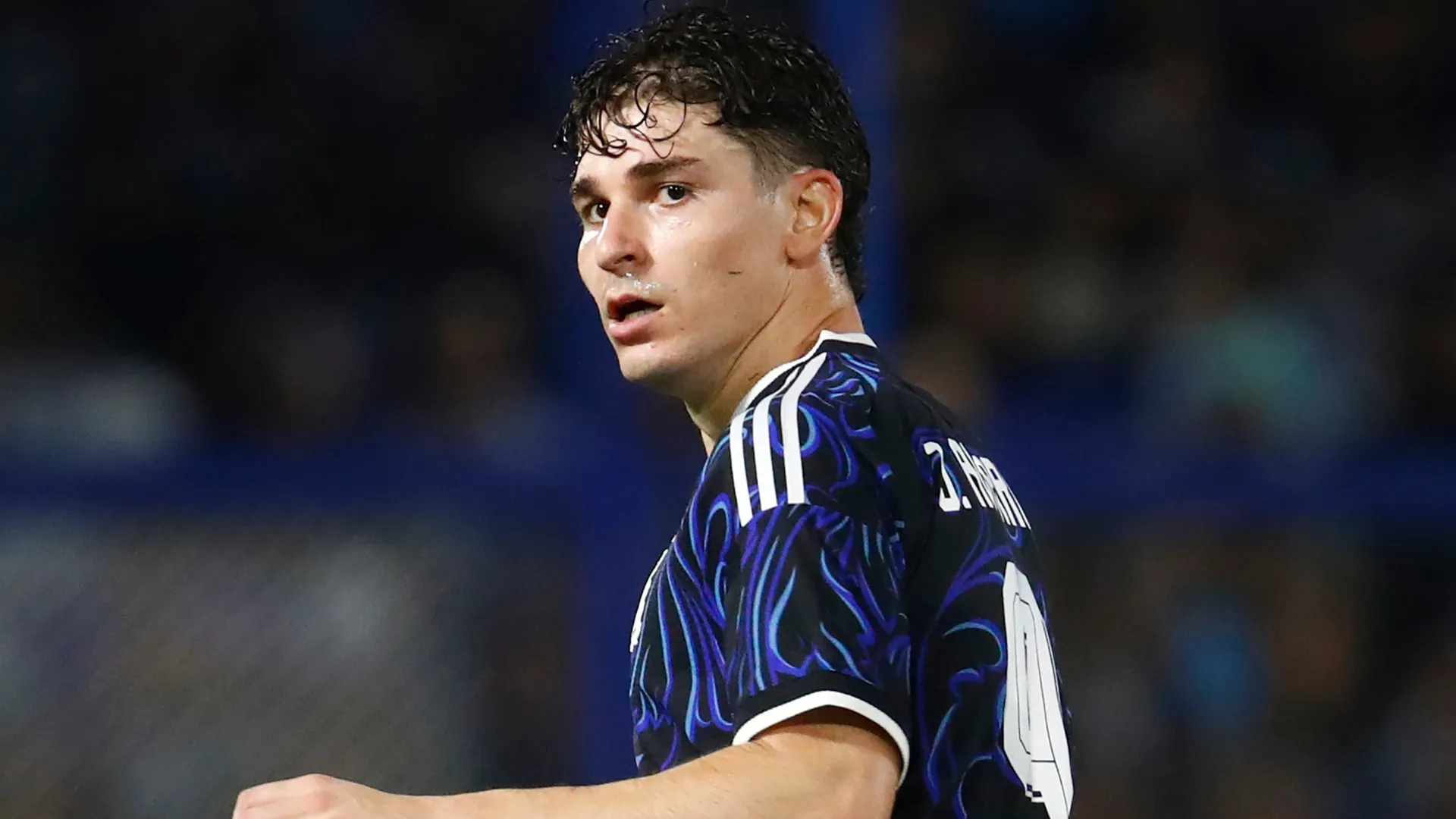 Julian Alvarez of Argentina looks on during the international friendly match in 2026 (Source: Marcos Brindicci/Getty Images)