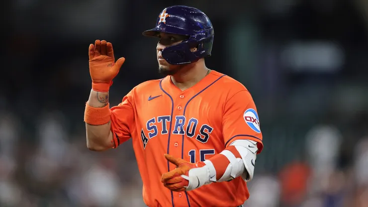 Isaac Paredes #15 of the Houston Astros reacts.
