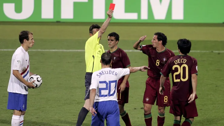 Deco is shown the red card by Referee Valentin Ivanov during the FIFA World Cup Germany 2006 Round of 16 match