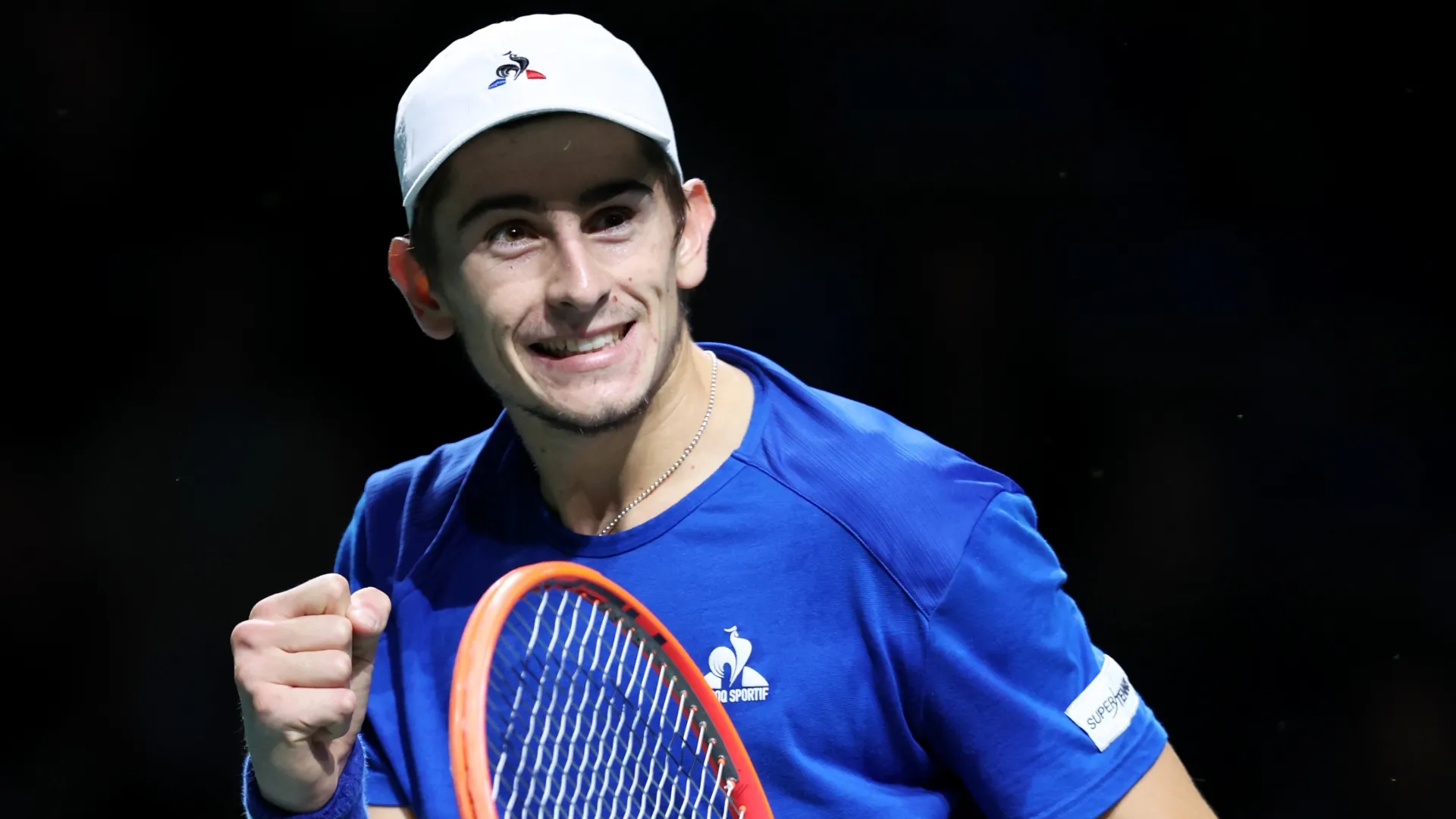Matteo Arnaldi celebrates a point during the Davis Cup Final match against Alexei Popyrin (Source: Clive Brunskill/Getty Images for ITF)