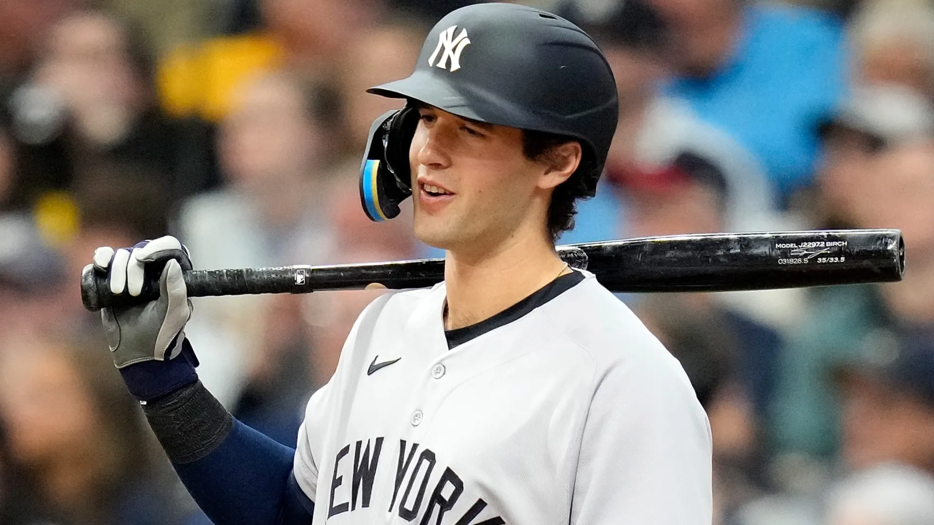 Spencer Jones #78 of the Yankees steps to the plate in his first major league at bat. John Fisher/Getty Images
