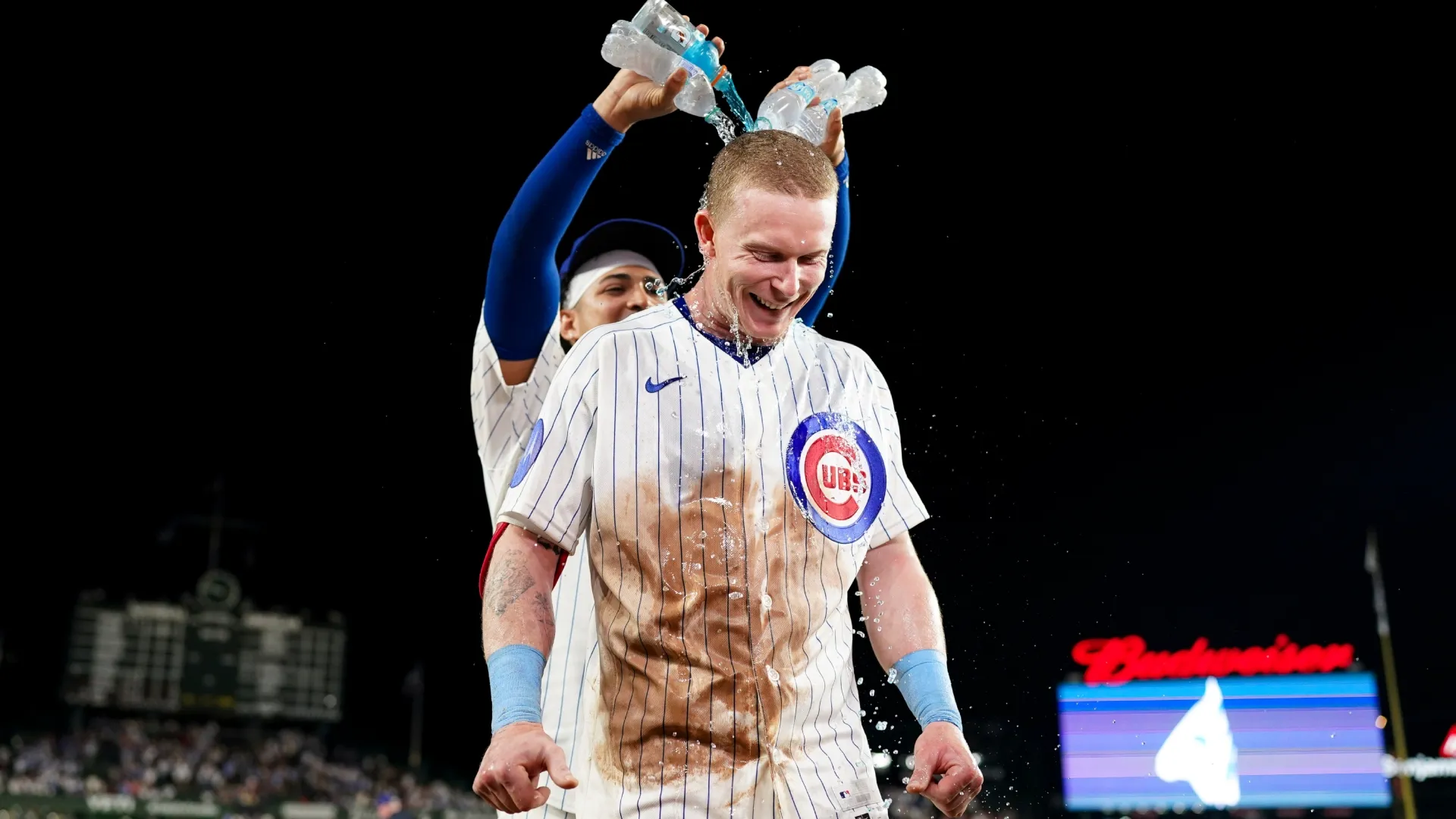 Pete Crow-Armstrong #4 of the Cubs reacts to a gatorade dump after hitting a walk-off single. Sage Zipeto/Getty Images