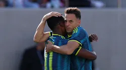 hon Arias of Colombia celebrates with teammate Santiago Arias.