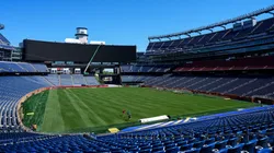 A general view of the field preparations inside Gillette Stadium.