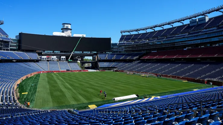 A general view of the field preparations inside Gillette Stadium.