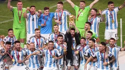Lionel Messi of Argentina lifts the FIFA World Cup Trophy.