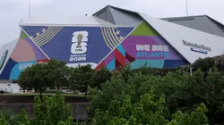 A general view of the preparations around Mercedes-Benz Stadium
