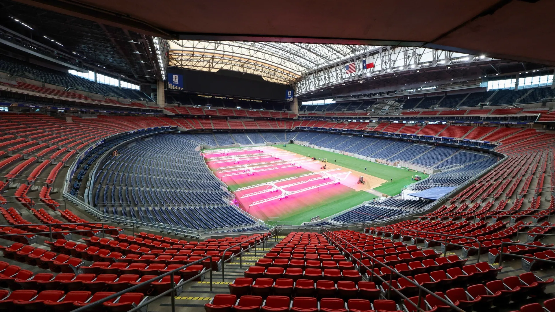 Workers prepare for the FIFA World Cup 2026 at Houston Stadium. Jack Gorman/Getty Images