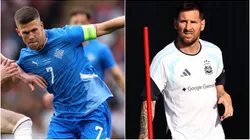 Jóhann Berg Guðmundsson (L) Lionel Messi (R).