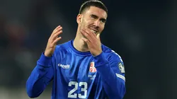Dusan Vlahovic of Serbia reacts after a missed chance.